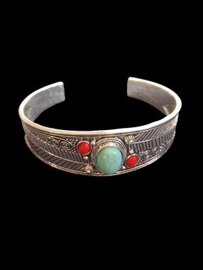 Turquoise & Coral Silver Cuff fashion Bracelet